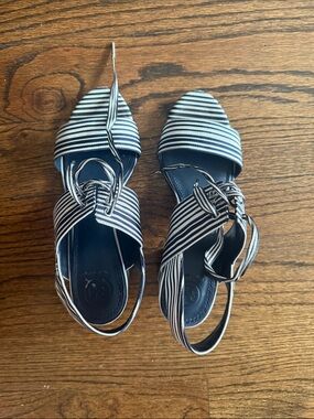 Tory Burch Navy and White Striped Pointed Ankle-Tie Flats